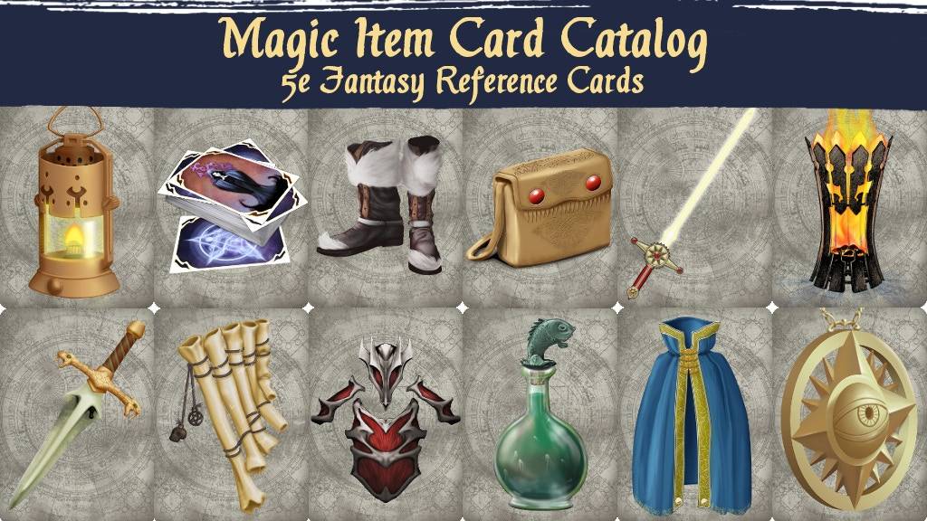 A table with 12 magic items in 2 rows. The title says Magic Item Card Catalog 5E Fantasy Reference Cards.