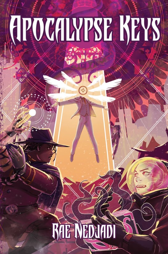 In front of the sillhouette of a modern city, we see the Marquis and Cara battlling against a Harbinger. The Marquis readies an attack with her golden arm while Cara reads from an arcane tome that writhes with shadowy tendrils. The Harbinger floats before an open Door, radiating circles of power emanating from them.