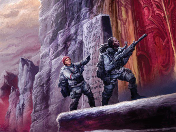 Two explorers in cold weather gear, one carrying a rifle, stand on a ledge outside of a door carved into the side of a mountain. Next to them is a rune encarved monolith.