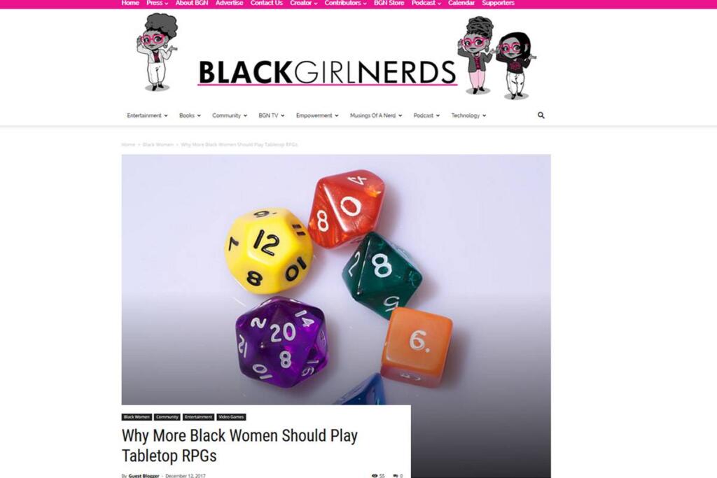 A screenshot of the Black Girl Ners Page, showing 3 black femal nerds around a text logo. Farther down the page are an image of dice and the title of the article "why more black women should play tabletop rpgs"