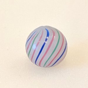 3 color milky white base clambroth with 18 perfectly spaced repeating red-blue-red-green line pattern. Blue submarine line inside.  An excellent example rarely found for sale. Small touch spot.