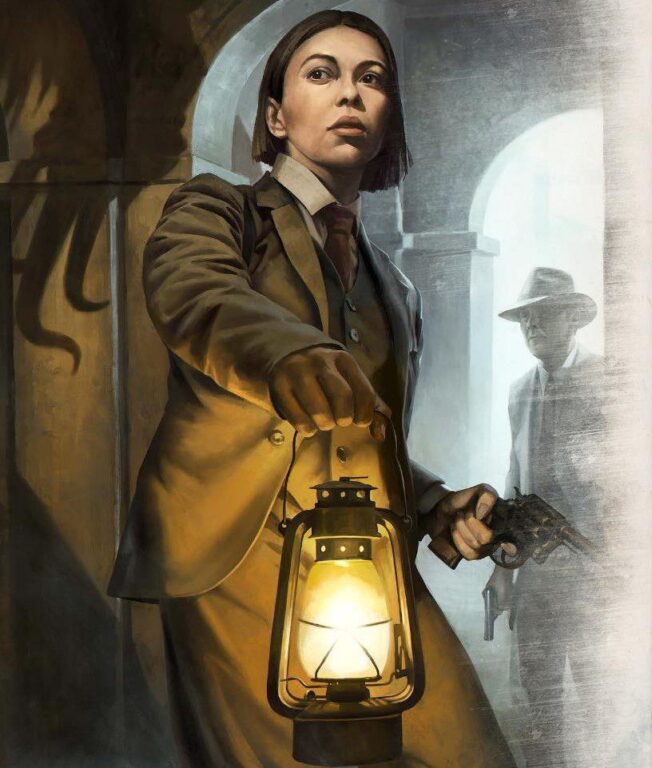 A femme presenting investigator in a suit carries a lantern in one hand, and a revolver in the other. Behind her is a man in a suit, wearing a fedora. The shadow on the wall implies a tentacled figure further into the room.