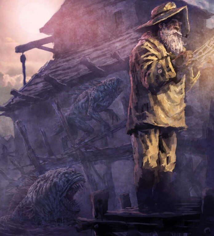 A fisherman, wearing a hat and smoking a pike, is working with a fishing net. He stands beside a boathouse on the docks, and two creatures are crawling out of the water behind him. These creatures are vaguely humanoid, with a fishlike body, and a wide mouth filled with sharp teeth.