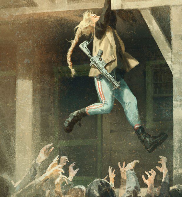 A survivor carrying a submachine gun, hanging onto a ledge on the edge of a roof, suspended over a swarm of walking corpses.