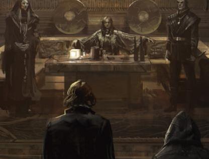 A figure sits in a booth. To their right is a hooded figure in a robe, and to their right is a lightly armored bodyguard with a long knife. Standing and facing them on the opposite side of the room is a figure wearing a jacket, with another hooded figure next to them.