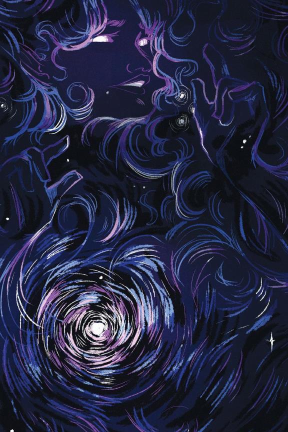 A dark purple background, with shining stars in multiple places. At the bottom of the page is a light inside a tunnel of swirling colors. A face emerges from the stars, with glowing eyes, and swirling hair drifting into the colored lines streaked across the image.