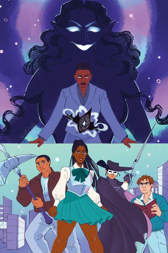 A dark skinned woman in a business suit has a black crown hovering in front of her. Behind her is a femme presenting figure made of shadow. At the bottom of the page are four people. One is wearing a breastplate with a skirt under it, other is wearing a mask, a cape, and is carrying a sword, another has a huge axe/pick combination, and the last is holding a book.