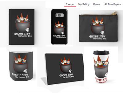 Laptops, hardcover notebooks, iphone cases, and mugs with the Gnome Stew logo on them.