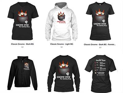 6 shirts and hoodies in black and white with the Gnome Stew logo on them. 