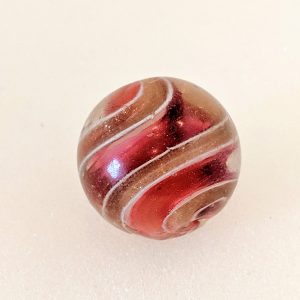 Twisty cranberry ribbon lutz.  Unusually beautiful twist. Minor pocket wear and 2 fleas. Outstanding eye appeal!