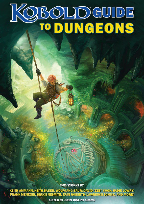 The cover to the Kobold Guide to Dungeons, which shows an adventurer holding a lantern, lowering themselves down into a cavern. There are many arches in this cavern, as well as mounts of treasure, and a coiled dragon skeleton.