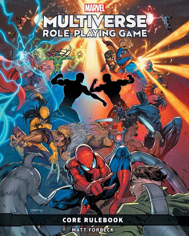 The cover image of the Marvel Multiverse Role-Playing Game, showing two blank figures clashing in the middle, surrounded by Iron Man fighting Kang, Thor fighting Hela, Captain Marvel fighting Thanos, Black Panther fighting Killmonger, Wolverine fighting Sabertooth, and Spider-Man versus Doctor Octopus.