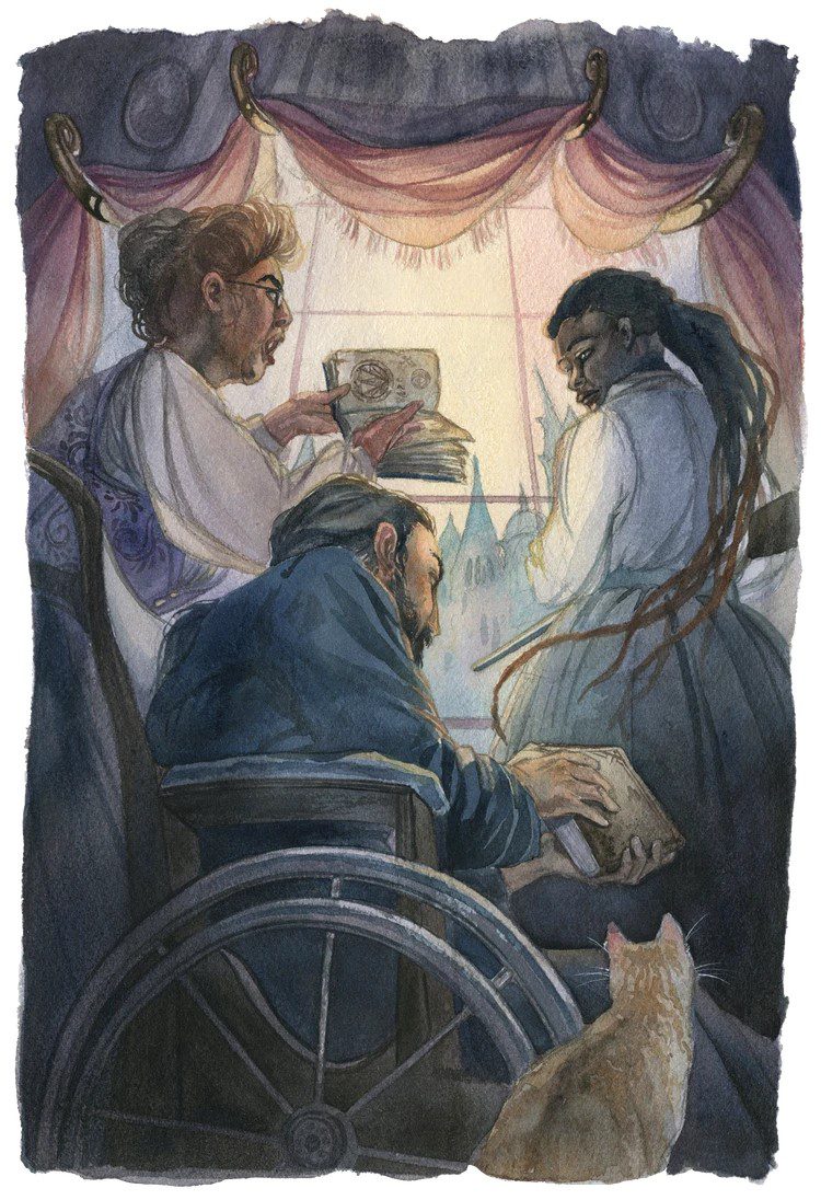 Three investigators looking at two books. One of the investigators is currently seated in a wheelchair, and there is a cat overseeing the operation.