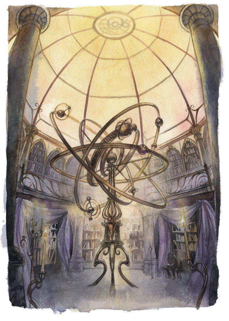 An two story tall astrolabe standing in a library, with a domed, glass ceiling over head, in between two huge columns.