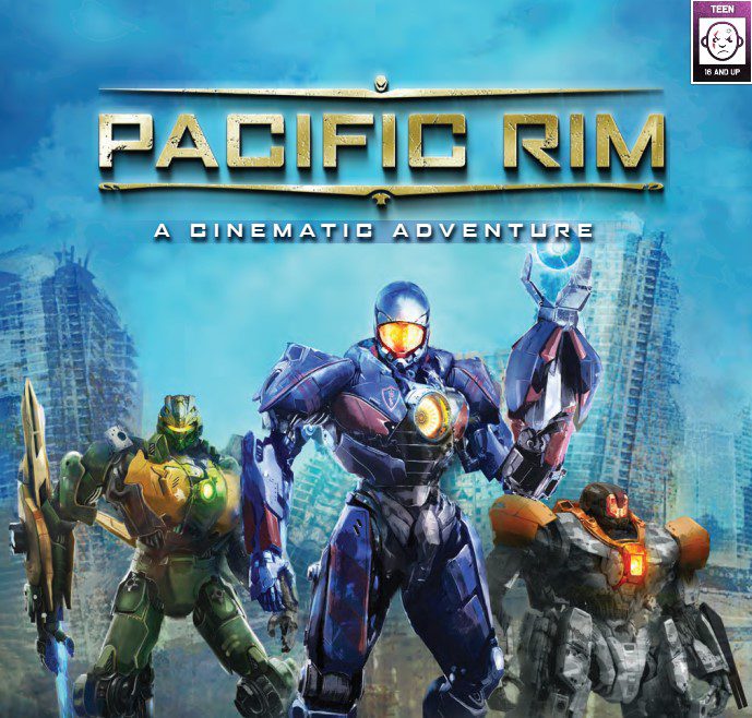 Three giant robots, one green, one blue, and one orange, standing in the wreckage of some skyscrapers. The title reads Pacific Rim: A Cinematic Adventure.