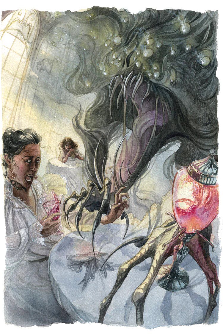 Patrons at a restaurant recoiling from an amorphous monster with many eyes, claws, and a gaping maw. The monster is pushing over a table, and on the table is a repository for something red contained within.