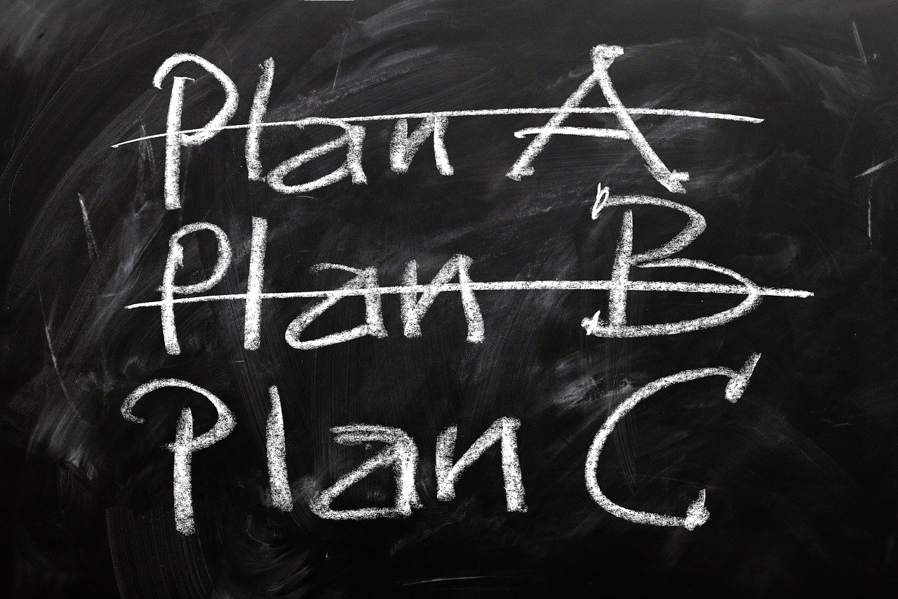 A chalkboard with three lines of writing the the first line says Plan A and is crossed out, the second line says Plan B and is crossed out, and the third line says Plan C.