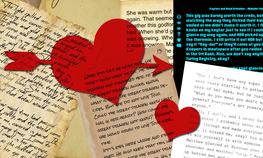 a variety of book pages with hearts over them