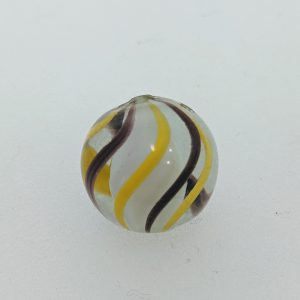 White solid core. 3 unusual purple & 3 yellow outer ribbons.  1 minor nick