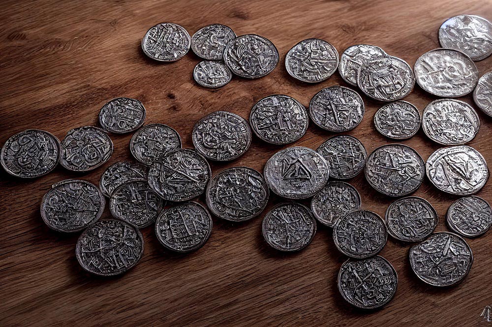 A bunch of silver fantasy coins thrown onto a table.