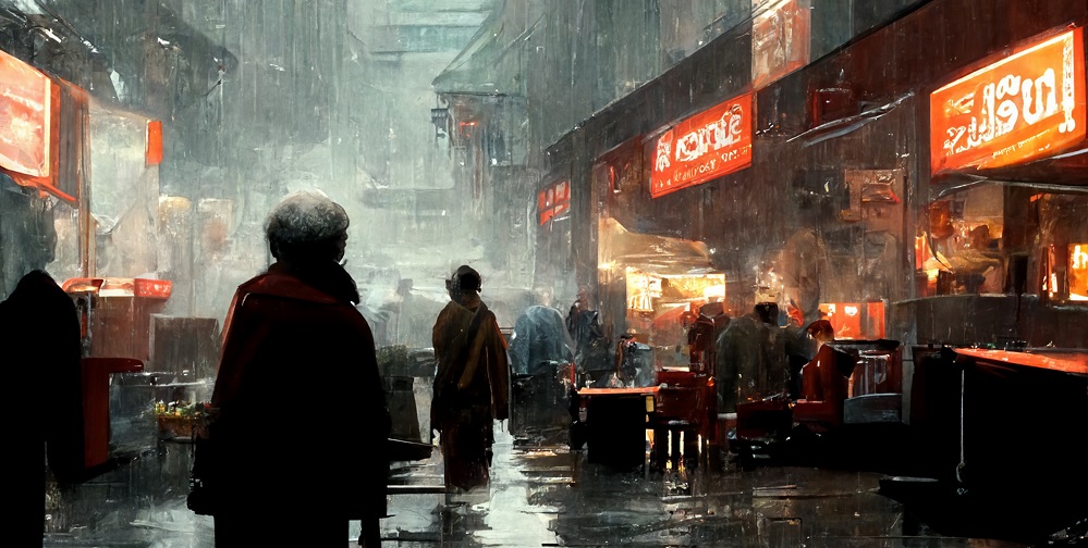 Futuristic Chinatown Market In The Rain