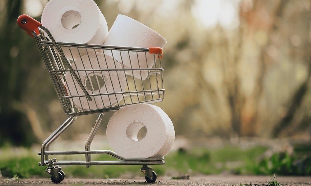 a shopping cart full of toilet paper