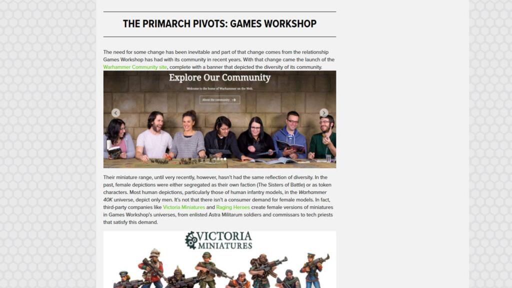 A screencapture of the article, showing a group of people at Games Workshop and a series of miniatures from the Victoria line