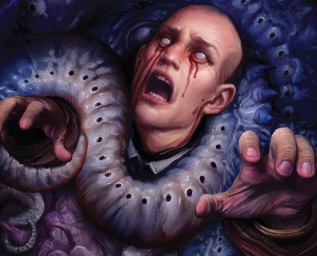 A bald figure cries tears of blood from eyes with no pupils or irises, as they are enveloped in tentacles.