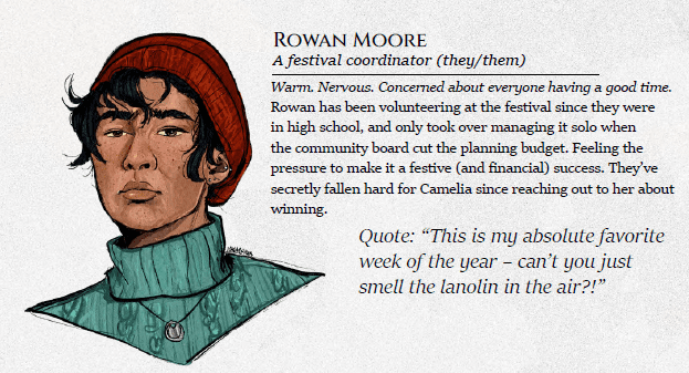 Rowan Moore, an NPC you can find in the adventure, is fully depicted with some art and a full description on who they are