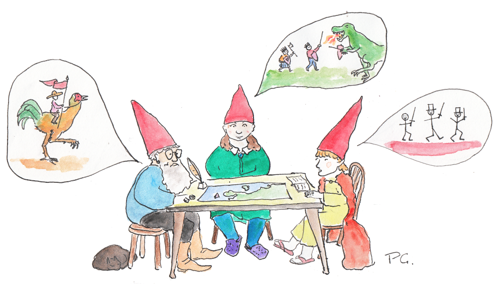 Three gnomes playing a game at a table. Each gnome has a speech bubble with a picture illustrating what they are discussing. The first has a person riding a chicken, the second has two people fighting a dinosaur, the third has three stickmen holding swords.