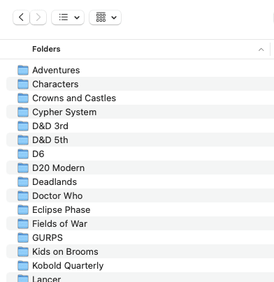 A picture of a folder on MacOS showing folders organized alphabetically by publisher.