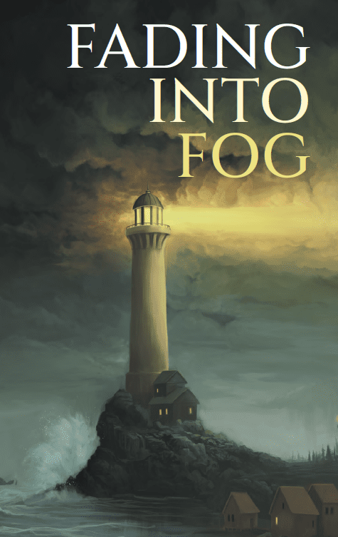 Cover art for the adventure Fading into Fog, which shows a lighthouse sending a beam of light into the horizon, atop a rocky shore