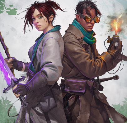 A pale woman with red hair, wearing white robes and a blue scarf, holding a staff and a sword wreathed in purple energy stands back to back with a man with scraggly dark hair, goggles, a green scarf, battered longcoat, and a device in his hand that is producing flame.