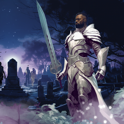 A dark skinned man with a trimmed beard and close cropped hair, wearing white armor and carrying an ornate greatsword. He is standing an a graveyard, and there are walking corpses in the distance.