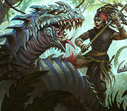 In a jungle, a heavily scaled serpentine creature with large teeth and blue stripes looks behind it as a woman in chainmail armor plunges a spear into its back. 