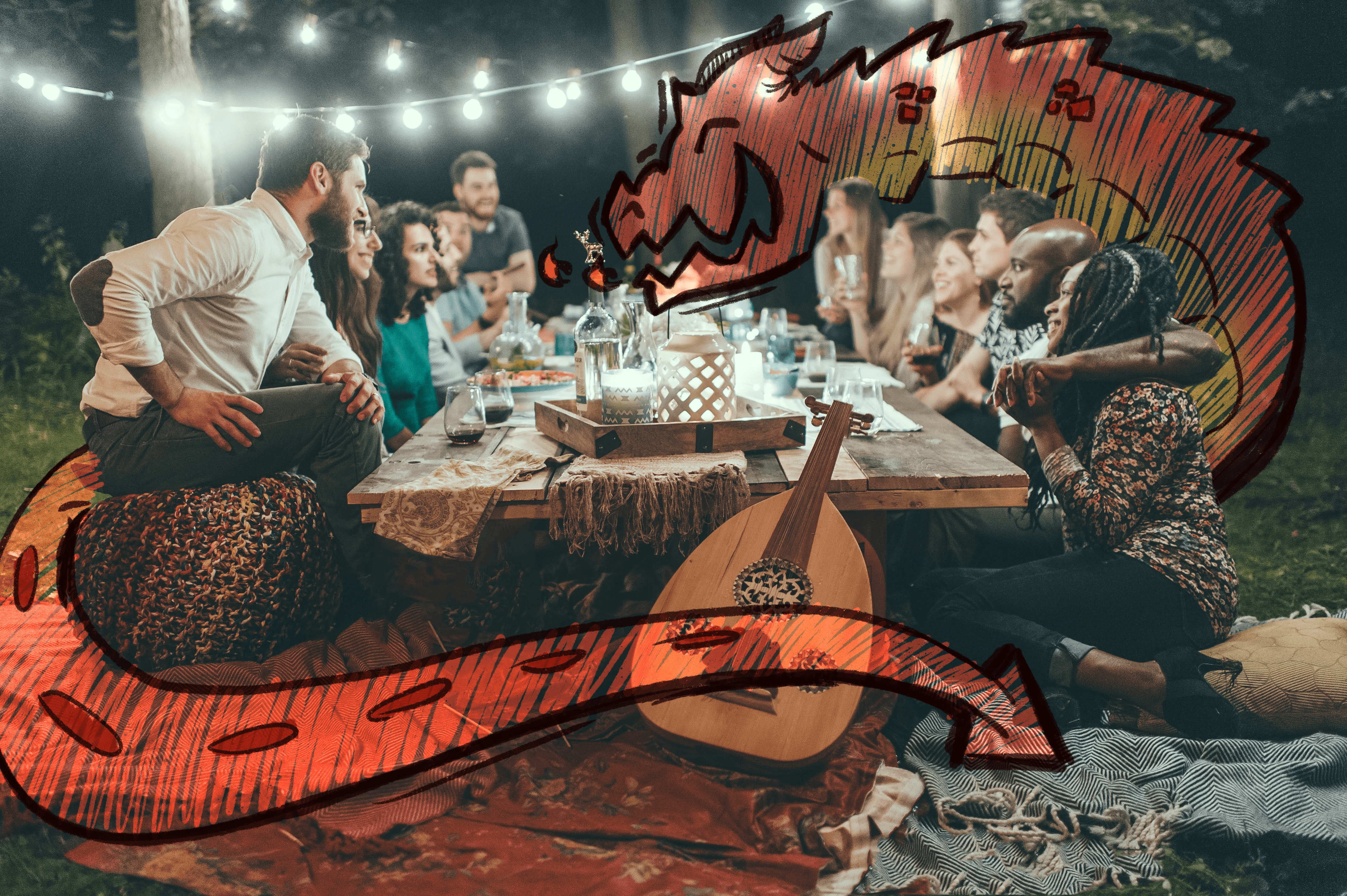 An outdoor dinner party with adults seated on either side of a low table, a stringed instrument is in the foreground and a cartoon dragon is wrapped around the outside.