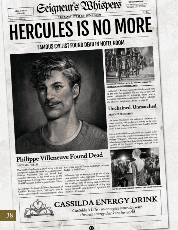 Newpaper clipping showcasing the deseased. The main title says "Hercules is no more". A big image of Philippe Villeneuve is in it, accompanied by a lot of news about it